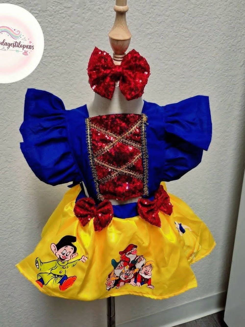 Sequin Puff-Sleeve Snow Princess Halloween Dress in Blue, Red & Yellow
